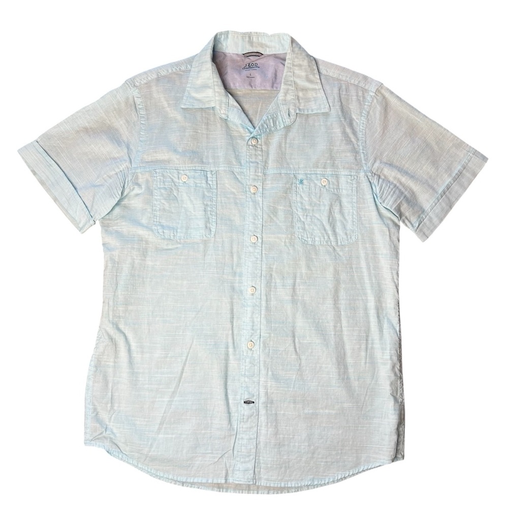IZOD Saltwater Men's Light Blue Short Sleeve Button-Up Stripe Shirt, Large